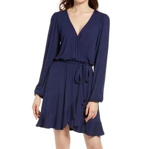 BP Women’s Navy Blue Faux Wrap Surplice V Neck Ruffled Hem Mini Dress Size:S & M